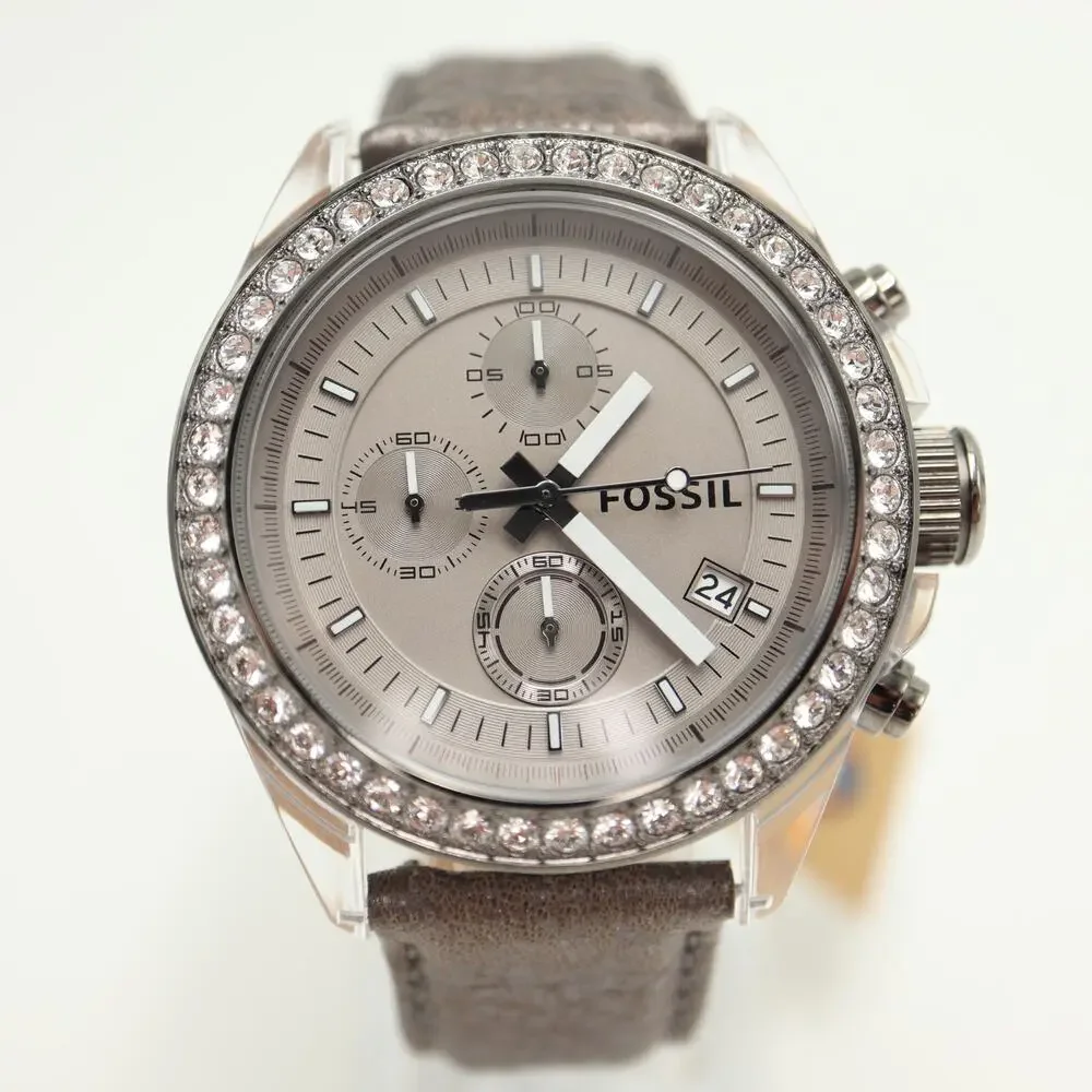 Fossil Decker 42mm Clear Chronograph Watch Gray Leather CH2842 NWT New Battery